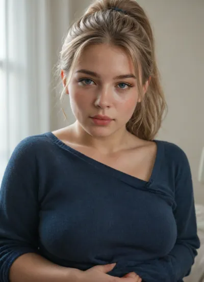 chubby girl. dark blue sweater. seductive eyes, blond ponytail. soft and tender, dynamic angle.