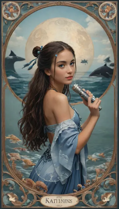 Art Nouveau style, water bender from avatar airbender, Looks like a blue queen of the ocean, ((Art Nouveau ornament of dolphins, whales)), (((Sea themes))), (((katara hair with blue eyes))), (((fins and spray))), novuschroma, style, Ivan, Bilibin, Style, page, intricate revealing tribal dress, small breasts, beautiful, tan, looking toward viewer, <lora:124_novuschromaSXL_a4:.8>, <lora:Ivan Bilibin Style:.8>, <lora:nobrav1_SDXL:.6>