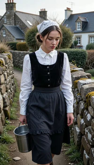 hotographie de rue couleur au 35mm. Thème, matin au village.

Au premier plan, une jeune Bretonne de 22 ans marche sur un sentier de terre battue serpentant entre deux murets de granite couverts de lichen. Son visage fin au teint mat, bordé de pommettes douces semées de petites taches de rousseur sur le pont du nez, traduit la fatigue du premier matin. Ses yeux gris-vert sont plissés par la lumière rasante et le sommeil, ses sourcils se fronçant légèrement dans un effort de concentration, tandis que sa bouche aux lèvres naturelles reste pensive. Ses cheveux châtain foncé, tirés en un chignon bas et serré sous sa coiffe, laissent échapper quelques mèches folles collées par l'humidité sur son front.

Elle porte un costume traditionnel de paysanne bretonne du Cap-Sizun, à la fois authentique et usé par le travail quotidien, un gilet cintré en velours noir mat sur un chemisier en lin blanc au col montant rigide, ainsi qu'un tablier de toile sombre brodé d'un plastron aux motifs simples, froissé et légèrement taché à l'ourlet. Sa jupe ample en drap de laine sombre descend jusqu'aux chevilles. Sur sa tête repose la kapenn, une haute coiffe en dentelle blanche amidonnée dont la finesse de la broderie capte la lumière fraîche.

Dans sa démarche, elle avance le poids du corps porté sur la jambe avant, le buste légèrement tourné et la tête inclinée, le regard fixé sur ses pieds et le chemin caillouteux qu'elle surveille pour ne pas trébucher. Elle tient l'anse d'un seau en zinc qui cogne contre sa hanche à chaque pas, imprimant un léger flou de mouvement sur le bas de sa jupe.

Autour d'elle s'éveille le village, trois ou quatre maisons basses en granite aux toits d'ardoise se dressent dispersées sans alignement, séparées par des jardins clos et un poulailler grillagé où des poules picorent. Le décor intègre un chemin étroit, une pompe à eau en fonte, un tas de bois sous un appentis et un calvaire de pierre à demi caché par la brume au loin. Une unique fenêtre apparaît éclairée d'une lueur d'ampoule intérieure, pendant qu'une fine fumée blanche monte verticalement d'une cheminée basse.

L'ensemble est baigné par la lumière rasante de l'aube, oscillant entre rose pâle et or très clair, qui traverse une brume stagnant au ras du sol et s'accroche aux herbes hautes mouillées de rosée. La prise de vue est calée à hauteur d'yeux avec une focale de 50mm, offrant une perspective naturelle et une légère profondeur de champ qui adoucit l'arrière-plan. La scène révèle de longues ombres douces sur le sol humide et des gouttes de rosée sur la dentelle comme sur les pierres du muret. Piqué net sur le premier plan, grain fin, rendu couleur Kodachrome authentique, contrastes doux, atmosphère silencieuse et rurale d'un lieu s'éveillant à peine.