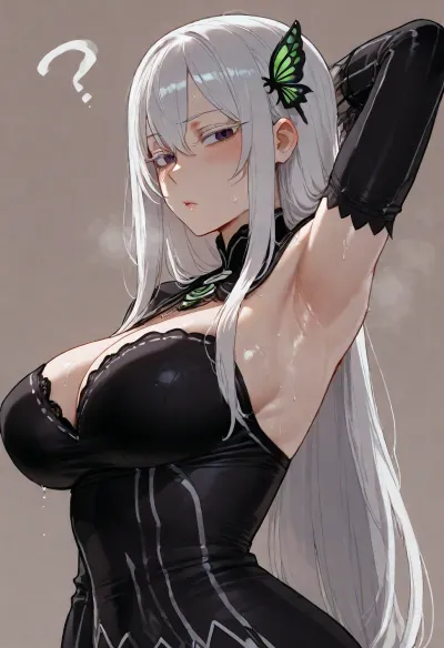 (ratatatat74 style), Echidna from re-zero, dressed, curious look, oh?, solo, armpit fetish, sweaty, looking at viewer, side view, (simple background), <lora:ratatatat74-000050:2>