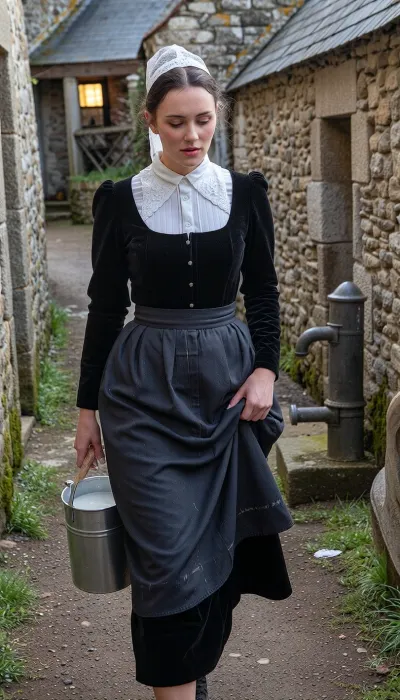 A realistic street photograph, shot with a 35mm f/1.4 lens. The photo was taken in France in 1950. A candid snapshot capturing a village morning.
In the foreground, a beautiful 22-year-old Breton woman walks along a packed-earth path winding between two lichen-covered granite walls. Her finely featured face—with a matte complexion, soft cheekbones, and a scattering of freckles—betrays early-morning fatigue. Her half-closed eyes squint against the low-angled light and lingering drowsiness, while her mouth, with natural lips, wears a pensive expression. Her dark chestnut hair, pulled into a tight low bun beneath her headdress, allows a few stray strands to escape and cling to her damp forehead.
She wears the traditional peasant costume of Cap-Sizun—authentic yet marked by daily toil, a fitted bodice of matte black velvet over a white linen blouse with a high collar, and a dark fabric apron featuring a simply embroidered bib, the apron is wrinkled and slightly stained at the hem. Her full skirt, made of dark wool cloth, reaches her ankles. On her head, she wears the *kapenn*—a tall, starched white lace headdress whose intricate embroidery catches the bright morning light.
As she walks, she shifts her body weight onto her leading leg, her torso is slightly turned and her head tilted, her gaze fixed on her feet and the stony path she watches carefully to avoid stumbling. Her fingers grip the wooden handle of a zinc milk pail, containing white creamy milk, which she carries naturally at her side, The bucket swings gently near her hip, creating a slight motion blur at the hem of her skirt. With her other hand, she delicately holds the fabric, lifting it slightly to keep it from getting dirty on the ground.
The village is waking up around her, three or four low granite houses with slate roofs stand scattered and irregularly arranged, separated by stone-walled gardens and, in the background, a rustic, peaceful chicken coop. The setting includes a narrow path, a cast-iron water pump, a woodpile under a lean-to. A single window glows with the warm light of an indoor bulb.
Climate and atmosphere, the crisp, crystalline dawn air creates a damp, silent morning mood. The scene is bathed in the low-angle light of the rising sun—shifting between pale pink and very pale gold—piercing through a thick mist that clings to the ground and the dew-laden tall grass. The shot is taken at eye level using a neutral 50mm focal length, offering a natural perspective and a shallow depth of field that softens the background. The scene reveals long, soft shadows on the damp earth, a faint cloud of breath mist, and dew drops glistening on the lace and the stones of the low wall. Sharp focus in the foreground, authentic Kodachrome-style color rendering, soft contrasts, and the peaceful rural atmosphere of a place stirring to life.
