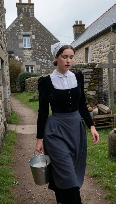 A large-format color street photograph shot at 35mm f/1.4, in a documentary reportage style. A candid, unposed shot capturing a morning in the village.
In the foreground, a beautiful 22-year-old Breton woman walks along a packed-earth path winding between two lichen-covered granite walls. Her refined face—with its matte complexion, soft cheekbones, and a scattering of small freckles across the bridge of her nose—betrays the fatigue of the early morning. Her semi closed eyes are narrowed against the low-angled light and lingering sleepiness, her brows are slightly furrowed in concentration, while her mouth, with its natural lips, remains pensive. Her dark chestnut hair, pulled back into a tight, low bun beneath her headdress, has a few stray strands escaping and sticking to her forehead from the dampness.
She wears the traditional peasant costume of the Cap-Sizun region—authentic yet worn from daily labor, a fitted matte black velvet bodice over a white linen blouse with a stiff, high collar, and a dark canvas apron featuring a simple embroidered bib, the apron is wrinkled and slightly stained at the hem. Her full skirt, made of dark wool broadcloth, falls to her ankles. Perched on her head is the *kapenn*—a tall, starched white lace headdress whose intricate embroidery catches the cool morning light.
As she walks, she shifts her weight onto her leading leg, her torso is slightly turned and her head tilted, her gaze fixed on her feet and the stony path she watches carefully to avoid stumbling. She holds the handle of a zinc bucket filled with milk, which bumps against her hip with every step, creating a slight motion blur at the hem of her skirt. The village stirs around her, three or four low granite houses with slate roofs stand scattered and unaligned, separated by enclosed gardens and a wire-mesh coop where hens peck at the ground. The setting includes a narrow path, a cast-iron water pump, a woodpile under a lean-to, and a stone wayside cross half-hidden by distant mist. A single window glows with the light of an indoor bulb, while a thin wisp of white smoke rises vertically from a low chimney.
Climate and mood, the crisp, crystalline dawn air creates a damp, silent morning atmosphere. The scene is bathed in the low-angled light of the rising sun—shifting between pale pink and very pale gold—piercing through a thick mist that clings to the ground and the dew-laden tall grass. The shot is framed at eye level using a neutral 50mm focal length, offering a natural perspective and a shallow depth of field that softens the background. The scene reveals long, gentle shadows on the damp earth, light vapor escaping from her breath, and dew drops glistening on the lace and the stones of the low wall. Sharp focus in the foreground, authentic Kodachrome-style color rendering, soft contrasts, and the quiet, rural atmosphere of a place just beginning to wake up.