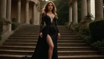 NSFW, sexy pose, wide angle, photorealistic, (she is extremely beautiful:1.33), A glamorous adult woman with long, straight light-brown hair, standing on elegant stone stairs in a luxurious classical garden. high full bust, (size 34D:1.4), She is wearing a sophisticated floor-length lace black evening gown with long sleeves, a deep plunging neckline and dramatic high thigh slits, revealing her legs. The dress has a flowing skirt and a long train cascading down the stairs. She wears a delicate gold necklace with a round pendant. Natural confident pose, one leg slightly forward, looking to the side with a calm, elegant expression. Behind her is a beautiful historic garden with classical stone balustrades, carved columns, manicured green hedges, flower beds and stone staircases. Bright sunny summer day, warm natural sunlight, realistic skin texture, subtle shadows, cinematic fashion photography, luxury editorial aesthetic, shallow depth of field, highly detailed, 85mm lens, full-body composition, high resolution, detailxl, round, breasts, <lora:round_breasts-XL-1.0:1.1>, <lora:RMSDXL_Photo:.8>, drkfntasy, <lora:darkfantasystyle:.8>, <lora:WomanXL_lora32-1:.8>