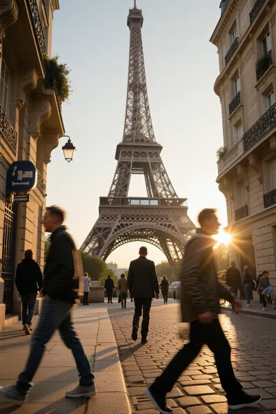 A professional street photograph of the Eiffel Tower in Paris, taken during the ‘golden hour’ in warm natural light, an authentic urban atmosphere with barely noticeable lens flare, realistic passers-by and tourists walking past with a slight motion blur, a solitary Parisian, photographed from behind, posing a silent question, as if asking the passing crowd, ‘Do you like the Eiffel Tower?’, rich textures of the iron latticework and old Parisian cobblestones, photorealism, the highest resolution, a masterpiece.