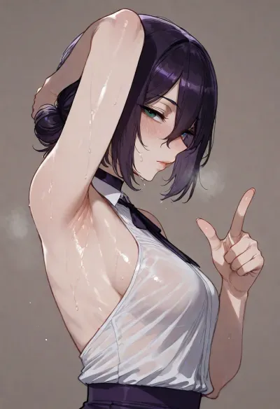 (ratatatat74 style), reze, dressed, finger gun, pointing at viewer, solo, armpit fetish, sweaty, looking at viewer, side view, (simple background), <lora:ratatatat74-000050:2>