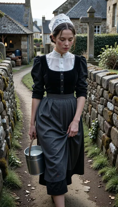 A realistic street photograph, shot with a 35mm f/1.4 lens in a 1950s vintage style. A candid snapshot capturing a village morning.
In the foreground, a beautiful 22-year-old Breton woman walks along a packed-earth path winding between two lichen-covered granite walls. Her finely featured face—with a matte complexion, soft cheekbones, and a scattering of freckles—betrays early-morning fatigue. Her half-closed eyes squint against the low-angled light and lingering drowsiness, while her mouth, with natural lips, wears a pensive expression. Her dark chestnut hair, pulled into a tight low bun beneath her headdress, allows a few stray strands to escape and cling to her damp forehead.
She wears the traditional peasant costume of Cap-Sizun—authentic yet marked by daily toil, a fitted bodice of matte black velvet over a white linen blouse with a high collar, and a dark fabric apron featuring a simply embroidered bib, the apron is wrinkled and slightly stained at the hem. Her full skirt, made of dark wool cloth, reaches her ankles. On her head, she wears the *kapenn*—a tall, starched white lace headdress whose intricate embroidery catches the bright morning light.
As she walks, she shifts her body weight onto her leading leg, her torso is slightly turned and her head tilted, her gaze fixed on her feet and the stony path she watches carefully to avoid stumbling. Her fingers grip the wooden handle of a zinc milk pail, containing nice creamy milk, which she carries naturally at her side, The bucket swings gently near her hip, creating a slight motion blur at the hem of her skirt. With her other hand, she delicately holds the fabric, lifting it slightly to keep it from getting dirty on the ground.
The village is waking up around her, three or four low granite houses with slate roofs stand scattered and irregularly arranged, separated by stone-walled gardens and, in the background, a rustic, peaceful chicken coop. The setting includes a narrow path, a cast-iron water pump, a woodpile under a lean-to, and a stone wayside cross half-hidden by the distant mist. A single window glows with the warm light of an indoor bulb.
Climate and atmosphere, the crisp, crystalline dawn air creates a damp, silent morning mood. The scene is bathed in the low-angle light of the rising sun—shifting between pale pink and very pale gold—piercing through a thick mist that clings to the ground and the dew-laden tall grass. The shot is taken at eye level using a neutral 50mm focal length, offering a natural perspective and a shallow depth of field that softens the background. The scene reveals long, soft shadows on the damp earth, a faint cloud of breath mist, and dew drops glistening on the lace and the stones of the low wall. Sharp focus in the foreground, authentic Kodachrome-style color rendering, soft contrasts, and the peaceful rural atmosphere of a place stirring to life.