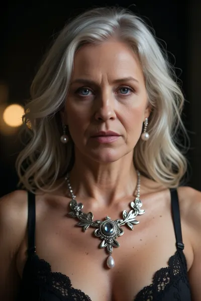 High quality professional porn photography, ultra realistic, sharp details, masterpiece, best quality, photorealistic, 8k, portrait of a beautiful mature woman in her 50s, platinum blonde wavy shoulder-length hair, piercing blue eyes, fair skin with realistic fine lines and subtle wrinkles, intense serious expression looking directly at the viewer, wearing an ornate silver statement necklace with floral leaf design and central gemstone, pearl drop earrings, black lace bra with delicate straps, deep cleavage, dramatic side lighting, soft shadows on face and neck, dark moody background with out-of-focus warm bokeh lights, highly detailed skin texture, realistic pores, sharp focus on face and jewelry