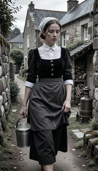 A realistic black and white street photograph, shot with a 35mm f/1.4 lens. Only the skin and a few details have dull colors.. The photo was taken in France in 1950. A candid snapshot capturing a village morning.
In the foreground, a beautiful 22-year-old Breton woman walks along a packed-earth path winding between two lichen-covered granite walls. Her finely featured face—with a matte complexion, soft cheekbones, and a scattering of freckles—betrays early-morning fatigue. Her half-closed eyes squint against the low-angled light and lingering drowsiness, while her mouth, with natural lips, wears a pensive expression. Her dark chestnut hair, pulled into a tight low bun beneath her headdress, allows a few stray strands to escape and cling to her damp forehead.
She wears the traditional peasant costume of Cap-Sizun—authentic yet marked by daily toil, a fitted bodice of matte black velvet over a white linen blouse with a high collar, and a dark fabric apron featuring a simply embroidered bib, the apron is wrinkled and slightly stained at the hem. Her full skirt, made of dark wool cloth, reaches her ankles. On her head, she wears the *kapenn*—a tall, starched white lace headdress whose intricate embroidery catches the bright morning light.
As she walks, she shifts her body weight onto her leading leg, her torso is slightly turned and her head tilted, her gaze fixed on her feet and the stony path she watches carefully to avoid stumbling. Her fingers grip the wooden handle of a zinc milk pail, containing white creamy milk, which she carries naturally at her side, The bucket swings gently near her hip, creating a slight motion blur at the hem of her skirt. With her other hand, she delicately holds the fabric, lifting it slightly to keep it from getting dirty on the ground.
The village is waking up around her, three or four low granite houses with slate roofs stand scattered and irregularly arranged, separated by stone-walled gardens and, in the background, a rustic, peaceful chicken coop. The setting includes a narrow path, a cast-iron water pump, a woodpile under a lean-to. A single window glows with the warm light of an indoor bulb.
Climate and atmosphere, the crisp, crystalline dawn air creates a damp, silent morning mood. The scene is bathed in the low-angle light of the rising sun—shifting between pale pink and very pale gold—piercing through a thick mist that clings to the ground and the dew-laden tall grass. The shot is taken at eye level using a neutral 50mm focal length, offering a natural perspective and a shallow depth of field that softens the background. The scene reveals long, soft shadows on the damp earth, a faint cloud of breath mist, and dew drops glistening on the lace and the stones of the low wall. Sharp focus in the foreground, authentic analogic Black and white rendering, soft contrasts, and the peaceful rural atmosphere of a place stirring to life.