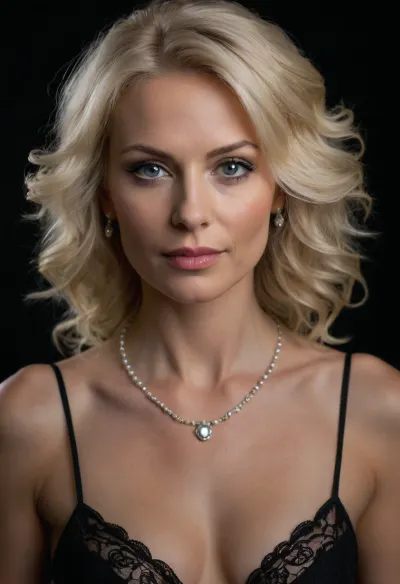 Beautiful 48 year old Caucasian woman, 1.68 meters tall, fair skin with natural mature texture and soft glow, (shoulder-length wavy platinum blonde hair:1.3), piercing blue-gray eyes, (professional soft makeup, subtle eyeliner, mascara, soft blush, natural lips), high cheekbones, elegant mature features, full lips slightly parted, firm breasts, smooth skin, perfectly proportioned, highly detailed face and body. She is looking directly at the camera with a calm, confident expression in a close-up portrait. Wearing a black sheer lace bra and an ornate silver crystal statement necklace with matching pearl drop earrings. Dark moody background with soft dramatic lighting highlighting her face and décolletage. Realistic photo, highly detailed, cinematic lighting, sharp focus.