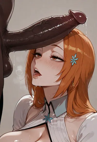 (ratatatat74 style), inoue_orihime, milf, drooling, bbc, cock worship, cock sniffing, (simple background), <lora:ratatatat74-000050:2>