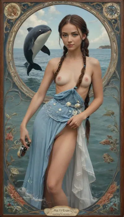 Art Nouveau style, katara Looks like a blue queen of the ocean, ((Art Nouveau ornament of dolphins, whales, turtles)), (((Sea themes))), (((katara hair with blue eyes))), (((fins and spray))), novuschroma, style, Ivan, Bilibin, Style, page, intricate revealing tribal dress, small breasts with stiff nipples, beautiful, tan, slight smile, very high slit skirt revealing pussy and pubic hair, <lora:124_novuschromaSXL_a4:.8>, <lora:Ivan Bilibin Style:.8>, <lora:nobrav1_SDXL:.6>