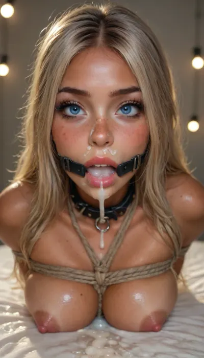 score_9, score_8_up, score_7_up, 1girl, 26 years old, (solo:1.2), pretty girl, mirko, blushing, shy, huge round eyes, blue eyes, looking at viewer, beautiful very long hair, cute, happy, ecstatic, athletic, (body freckles), dark eye shadow, real skin, tan skin freckles, mole, toned, parted lips, gag dildo, aroused, crazy face, pouty lips, intense stair, cute petite, innocent, ((excessive cum, huge facial, cum on nose, cum on lashes, thick ropes of cum)), low lights, godrays, (collar), (bimbo makeup), (perky breasts:1.3), (breast bondage:2), (compressed breast:1.8), realistic, hdr, perfect realism, realism, stereoscopic image, diffusion, high resolution, igbaddie, but, <lora:igbaddie-XL:2>, <lora:Vivid Midjourney mimic - XL SDXL v2.0:2>, <lora:Adjust_SDXL_v3.0:2>, <lora:BUT_SDXL_SHS:2>, <lora:winx-10:2>