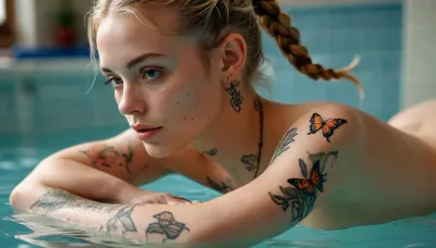 naked woman with a perfectly shaved, smooth vagina, and light blonde hair braided into two pigtails. She is naked, perfectly shaved, and has small tattoos on her upper body, as well as a small butterfly tattoo on the inside of her thigh, a small butterfly tattoo above her crotch, and a small butterfly tattoo above her breasts. She has a large tattoo on her right upper arm and a tattoo on her right forearm. she is diving and swimming horizontally underwater. Her feet are stretched out straight. She is completely naked. side view., <lora:MJ52:.8>