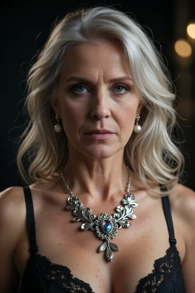 High quality professional porn photography, ultra realistic, sharp details, masterpiece, best quality, photorealistic, 8k, portrait of a beautiful mature woman in her 50s, platinum blonde wavy shoulder-length hair, piercing blue eyes, fair skin with realistic fine lines and subtle wrinkles, intense serious expression looking directly at the viewer, wearing an ornate silver statement necklace with floral leaf design and central gemstone, pearl drop earrings, black lace bra with delicate straps, deep cleavage, dramatic side lighting, soft shadows on face and neck, dark moody background with out-of-focus warm bokeh lights, highly detailed skin texture, realistic pores, sharp focus on face and jewelry