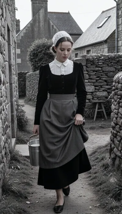 A pure black and white 35mm photograph, shot on Kodak Tri-X 400 film with a 35mm f/1.4 lens. Archival monochrome street photography taken in France in 1950. A candid snapshot capturing a village morning in high-contrast black and white.
In the foreground, a beautiful 22-year-old Breton woman walks along a packed-earth path winding between two lichen-covered granite walls. Her finely featured face—with a matte complexion, soft cheekbones—betrays early-morning fatigue. Her half-closed eyes squint against the low-angled light and lingering drowsiness, while her mouth, with natural lips, wears a pensive expression. Her dark hair, pulled into a tight low bun beneath her headdress, allows a few stray strands to escape and cling to her damp forehead.
She wears the traditional peasant costume of Cap-Sizun—authentic yet marked by daily toil, a fitted bodice of matte black velvet over a white linen blouse with a high collar, and a dark fabric apron featuring a simply embroidered bib, the apron is wrinkled and slightly stained at the hem. Her full skirt, made of dark wool cloth, reaches her ankles. On her head, she wears the kapenn—a tall, starched white lace headdress whose intricate embroidery catches the bright morning light.
As she walks, she shifts her body weight onto her leading leg, her torso is slightly turned and her head tilted, her gaze fixed on her feet and the stony path she watches carefully to avoid stumbling. Her fingers grip the wooden handle of a zinc milk pail, containing white creamy milk, which she carries naturally at her side, The bucket swings gently near her hip, creating a slight motion blur at the hem of her skirt. With her other hand, she delicately holds the fabric, lifting it slightly to keep it from getting dirty on the ground.
The village is waking up around her, three or four low granite houses with slate roofs stand scattered and irregularly arranged, separated by stone-walled gardens and, in the background, a large, rustic woodpile. The setting includes a narrow path, a cast-iron water pump, and a lean-to shelter. A single window glows faintly from within.
Climate and atmosphere, the crisp, crystalline dawn air creates a damp, silent morning mood. The scene is bathed in the low-angle light of the rising sun piercing through a thick mist that clings to the ground and the dew-laden tall grass. The shot is taken at eye level using a neutral 50mm focal length, offering a natural perspective and a shallow depth of field that softens the background. The scene reveals long, soft shadows on the damp earth, a faint cloud of breath mist, and dew drops glistening on the lace and the stones of the low wall. Sharp focus in the foreground, authentic black and white analog print, silver halide film grain, deep blacks, clean whites, rich tonal range, soft contrasts, and the peaceful rural atmosphere of a place stirring to life.