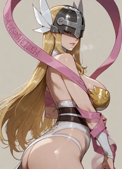 (ratatatat74 style), angewomon, dressed, solo, back fetish, looking at viewer, side view, (simple background), <lora:ratatatat74-000050:2>