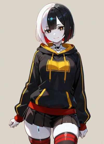 1girl, Android, humanoid robot, body joint, solo, ((black short hair, side bangs, bob cut)), ((black striped hair, red stripe)), black eyes, (big yellow pupils:1.5), (((white colored skin))), warm smile, wearing hoodie, miniskirt, black stockings, sport shoes
