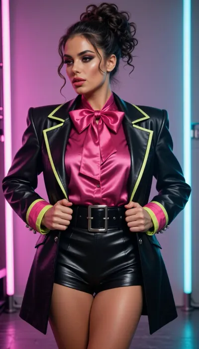 Realistic, 8K, 27yo adult female in a peak 1980s haute-couture fashion editorial, full-body standing pose with legs elegantly crossed at the ankles and both hands gripping the lapels of her oversized jacket to pull it open slightly, chin lifted at a sharp angle with a confident sultry gaze directed off-camera to the left, jawline sculpted and defined, voluminous dark brown hair swept up into a massive textured 80s curly updo with springy tendrils escaping around the temples and nape, bold 80s makeup with sharply arched penciled brows, heavy warm-toned contour along the cheekbones and jaw, smoky bronze-brown eyeshadow blended into a deep crease, thick volumized dark lashes, full matte crimson-red lips slightly parted, high-gloss dewy skin catching the neon light, wearing an oversized structured black leather blazer with dramatically exaggerated square power shoulders and wide peaked notched lapels edged in vivid neon yellow-green piping, the jacket hanging open to reveal a glossy hot magenta-pink satin pussybow blouse with a large voluminous silk bow knotted at the throat, the liquid satin fabric pooling and catching neon reflections with a wet sheen across the chest, the blazer cuffs layered with bold bands of neon pink and lime-green ribbed trim, a wide black patent leather belt with a chunky rectangular gunmetal buckle cinching the waist over high-waisted black patent leather shorts with sharp knife creases and a slight structured A-line flare ending mid-thigh, the patent surface showing glossy wet-look specular highlights and fine leather grain texture, black pointed-toe stiletto heeled sandals with a thin delicate ankle strap and a narrow toe strap, standing centered against a smooth muted lavender-grey seamless studio backdrop flanked by tall vertical neon light tubes, hot magenta-pink neon glowing along the far left edge and electric cyan-teal neon along the far right edge, the colored neon light wrapping around the shoulders and casting a pink rim on the left side of the leather jacket and a cool teal rim on the right, a strong warm key light from the front-left creating sharp specular hot-spots across the patent leather and satin, soft diffused fill on the face preserving the sculpted cheekbone definition, the neon tubes reflecting in streaks across the glossy leather surfaces, head-to-toe vertical fashion editorial composition with generous negative space above the updo, bold 1980s power-glam energy, shot on medium-format film, crisp fabric weave and leather texture detail, shallow depth of field softening the backdrop edges