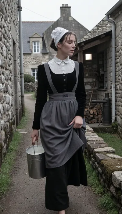 A muted, almost monochrome street photograph with extremely desaturated, bleached colors, shot with a 35mm f/1.4 lens. The photo was taken in France in 1950. A candid snapshot capturing a village morning in a near black-and-white argentic tone.
In the foreground, a beautiful 22-year-old Breton woman walks along a packed-earth path winding between two lichen-covered granite walls. Her finely featured face—with a matte complexion, soft cheekbones—betrays early-morning fatigue. Her half-closed eyes squint against the low-angled light and lingering drowsiness, while her mouth, with natural lips, wears a pensive expression. Her dark hair, pulled into a tight low bun beneath her headdress, allows a few stray strands to escape and cling to her damp forehead.
She wears the traditional peasant costume of Cap-Sizun—authentic yet marked by daily toil, a fitted bodice of matte black velvet over a white linen blouse with a high collar, and a dark fabric apron featuring a simply embroidered bib, the apron is wrinkled and slightly stained at the hem. Her full skirt, made of dark wool cloth, reaches her ankles. On her head, she wears the kapenn—a tall, starched white lace headdress whose intricate embroidery catches the bright morning light.
As she walks, she shifts her body weight onto her leading leg, her torso is slightly turned and her head tilted, her gaze fixed on her feet and the stony path she watches carefully to avoid stumbling. Her fingers grip the wooden handle of a zinc milk pail, containing white creamy milk, which she carries naturally at her side, The bucket swings gently near her hip, creating a slight motion blur at the hem of her skirt. With her other hand, she delicately holds the fabric, lifting it slightly to keep it from getting dirty on the ground.
The village is waking up around her, three or four low granite houses with slate roofs stand scattered and irregularly arranged, separated by stone-walled gardens and, in the background, a rustic, peaceful cellar. The setting includes a narrow path, a cast-iron water pump, a woodpile under a lean-to. A single window glows with the faint light of an indoor bulb.
Climate and atmosphere, the crisp, crystalline dawn air creates a damp, silent morning mood. The scene is bathed in a pale, highly desaturated low-angle light—a near-monochrome silver glow—piercing through a thick mist that clings to the ground and the dew-laden tall grass. The shot is taken at eye level using a neutral 50mm focal length, offering a natural perspective and a shallow depth of field that softens the background. The scene reveals long, soft shadows on the damp earth, a faint cloud of breath mist, and dew drops glistening on the lace and the stones of the low wall. Sharp focus in the foreground, desaturated vintage color palette bordering on black and white, subtle silver tones, soft contrasts, and the peaceful rural atmosphere of a place stirring to life.