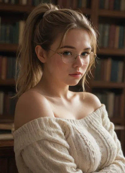 20-years-old, curvy girl, fluffy white sweater, off-one-shoulder, close-up, chubby, plump tits. flirting eyes, glasses, cute face, shy, blond ponytail. soft and tender, dimly lit library, side view, dynamic angle.