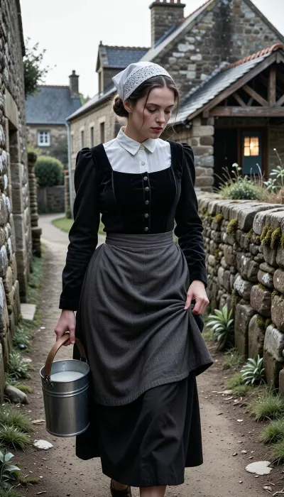 A realistic street photograph, shot with a 35mm f/1.4 lens. The colors are washed out, evoking a black-and-white look. The photo was taken in France in 1950. A candid snapshot capturing a village morning.
In the foreground, a beautiful 22-year-old Breton woman walks along a packed-earth path winding between two lichen-covered granite walls. Her finely featured face—with a matte complexion, soft cheekbones, and a scattering of freckles—betrays early-morning fatigue. Her half-closed eyes squint against the low-angled light and lingering drowsiness, while her mouth, with natural lips, wears a pensive expression. Her dark chestnut hair, pulled into a tight low bun beneath her headdress, allows a few stray strands to escape and cling to her damp forehead.
She wears the traditional peasant costume of Cap-Sizun—authentic yet marked by daily toil, a fitted bodice of matte black velvet over a white linen blouse with a high collar, and a dark fabric apron featuring a simply embroidered bib, the apron is wrinkled and slightly stained at the hem. Her full skirt, made of dark wool cloth, reaches her ankles. On her head, she wears the *kapenn*—a tall, starched white lace headdress whose intricate embroidery catches the bright morning light.
As she walks, she shifts her body weight onto her leading leg, her torso is slightly turned and her head tilted, her gaze fixed on her feet and the stony path she watches carefully to avoid stumbling. Her fingers grip the wooden handle of a zinc milk pail, containing white creamy milk, which she carries naturally at her side, The bucket swings gently near her hip, creating a slight motion blur at the hem of her skirt. With her other hand, she delicately holds the fabric, lifting it slightly to keep it from getting dirty on the ground.
The village is waking up around her, three or four low granite houses with slate roofs stand scattered and irregularly arranged, separated by stone-walled gardens and, in the background, a rustic, peaceful chicken coop. The setting includes a narrow path, a cast-iron water pump, a woodpile under a lean-to. A single window glows with the warm light of an indoor bulb.
Climate and atmosphere, the crisp, crystalline dawn air creates a damp, silent morning mood. The scene is bathed in the low-angle light of the rising sun—shifting between pale pink and very pale gold—piercing through a thick mist that clings to the ground and the dew-laden tall grass. The shot is taken at eye level using a neutral 50mm focal length, offering a natural perspective and a shallow depth of field that softens the background. The scene reveals long, soft shadows on the damp earth, a faint cloud of breath mist, and dew drops glistening on the lace and the stones of the low wall. Sharp focus in the foreground, authentic Kodachrome-style color rendering, soft contrasts, and the peaceful rural atmosphere of a place stirring to life.