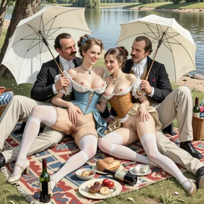 This is a detailed monochromatic pencil drawing in a classical illustrative style depicts a scene set in Russian Empire in 1860s, .bright, colorful colors, top view, (warm ambient light:.5), (shadows:.4), Summer, heat, south, 2 very beautiful noble women, ((1 very beautiful noble milf 35 years old, The Countesse+ nice cute younger noble girl 18 years old)), (both are different with elegant hairstyles, corsets with open tits and white silk stockings, shoes, with umbrellas in their handse), ((They both sitting on river beach)), ((woman's and girl's are legs apart, woman's hairy pubic and hairy labia are visible)), ((girl's hairy pubic and hairy labia are visible)), smiles, (A mischievous smile on faces), 2 Dapper moustaches guys Fully dressed like the dandies of that era hug them with laughter, a rug with food and bottles of wines for a picnic is spread out on the grass in front of the whole company. view from below, perfect fingers, perfect anatomy, (woman's body and girl's body), 1woman+1girl+ 2guys, The overall mood is intense, rendered in fine, expressive line work and subtle shading, evoking the style of 1950s satirical or moralistic illustrations.