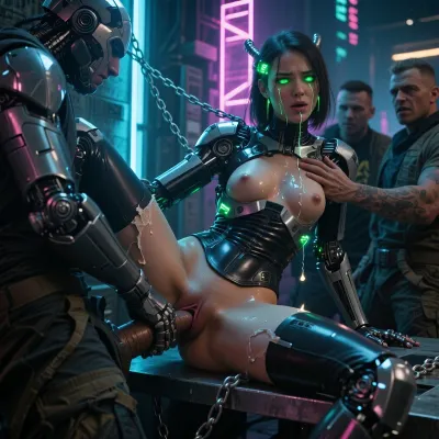 In a dystopian neon-lit city, a heavily augmented female android with glowing cybernetic green eyes and body modifications is captured by one member of gang ruthless mercenaries. He is dragging her into their hideout and chain her to a wall outside the building, ripping off her tight-fitting bodysuit to expose her perfect synthetic body.The mercenarie taunt and grope the helpless android, roughly squeezing her firm tiny breasts and probing her artificial orifices. One of the mercenaries, a hulking cyborg with a massive robotic phallus, steps forward and brutally penetrates the android's vaginal opening, causing her to spark and glitch from the force.The android writhes and struggles against her restraints, her systems overwhelmed by the violent assault. The cyborg mercilessly pounds into her, stretching her artificial pussy to its limits while the other mercenaries watch with twisted glee. Tears of machine oil stream down the android's face as her body is defiled and damaged by the relentless cyber-r@pe.Tags, 1girl, 1boy, android, cyborg, r@pe, vaginal r@ped, violent penetration, sexual abuse, crying, tears, struggle, cyberpunk, augmentations, bodysuit, torn_clothes, small breasts, large_insertion, cum, machine_oil, chains, metal_table, hideout, neon, score_9, photorealistic, sharp dramatic lighting, neon lights, cyberpunk 2077, violence, slapped tits, dripping wet pussy, perfect scene, masterpiece, 50mm lens, bokeh, raining, haze