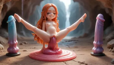 slime-girl, cave, (transparent skin), high quality fantasy art of a beautiful adorable super cute slime-girl made of transparent skin, glowing within, figurine, kawaii, chibi, mature, (old milf:1.1), (huge tits:1.5), adorable, ginger, big ass, flexible, spreading legs, arched back upwards, goth, 30 year old, very long hair, (belly bulge:1.5), (skinny:1.6), ginger heir, Squatting, (clenching teeth, eyes closed, eyes closed hard:1.4), tears down her face, (pain expression face:1.3), (((Giant pussy BlackDildo))), hyper massive huge extreme insane pussy dildo, Largest dildo possible, huge pussy toy, full body view, extremely wide dildo too big for slime-girl and stretches pussy to breaking point, hyper extreme dildo wider than her thigh, pussy dildo, extreme insertion, hyper insertion, Biggest dildo imaginable, show full body in view, ruined makeup, dvr-trd, <lora:SDXLFestiveSnow:.1>, <lora:ruined1:.8>, <lora:SlimeGirl:2>, <lora:Translucent_Slime_HQ_-_Anime:2>, <lora:dvr-trd:2>