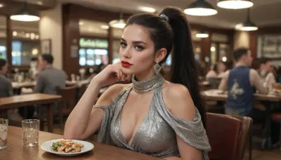 buzzcut hair, long ponytail hair, pitch black hair, clear blue eyes, bright red lipstick, green eyeshadows, high cheeck bones, dimples, silver sequin dress, mock neck dress, cleavage, diamond earrings, restaurant lobby