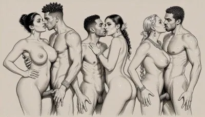 Nsfw. Pornographic art. full body view, Rough charcoal sketch on textured paper, couples of beautiful nude woman from diverse ethnicities, curvy, busty, wide hips, traditional hairstyles and jewelry. All in explicit Lesbian sexual intercourse poses. clean line art, ethnographic erotic studies