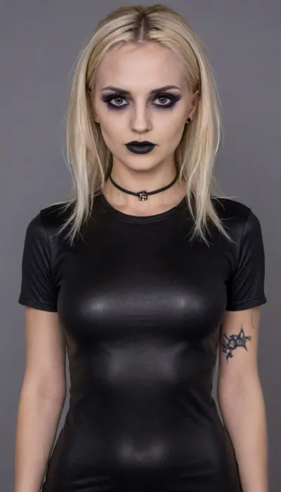 best quality, 8k, detailed, a photo of 20yo goth fitness model, blonde hair, (Large eyes:1), (goth makeup:1.5), slender, (tight fitted wet t-shirt:1.5), arched eyebrows, (huge breasts:.1), perfect smile, blue eyes, solo, sharp body, sexy, full body pov, (intense blushing), large, breasts, big, boobs, huge, tits, with, an, angry, expression, on, her/his, face, <lora:bombshell_v2:.5>, <lora:Sweaty_Realism_4-000006:2>, <lora:Wet_Makeup__Runny_Mascara-000006:1.2>, <lora:angryXL:1.3>