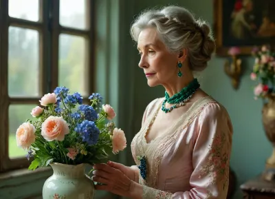 Couture, Colourful, beautiful older lady holding flowers in a antique vase, long gown, pale pink silk, emerald collar, delphiniums, peony, peppermint, embroidered lace, chandelier, glittery light through window, beautiful model braided hairstyle, light rose, light green, light yellow, pale blue, and peach, <lora:MJ52:.7>