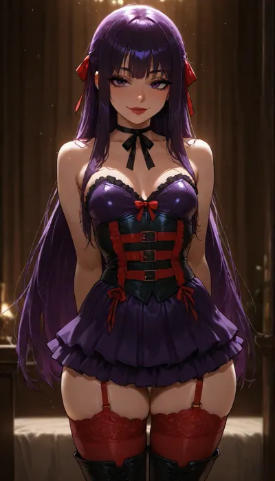 Melkor mancin meet markgavatino style, (((beautiful bright purple big anime eyes))), slut ready to fuck you in lingerie, Dark Purple eyeliner, long eye lashes, red lipstick, 25 years old cutie, warm strong lighting, red garter stockings, thick long boots, petite muscular toned body, sultry smile, long hair, corset skirt, Yor from Spy Family