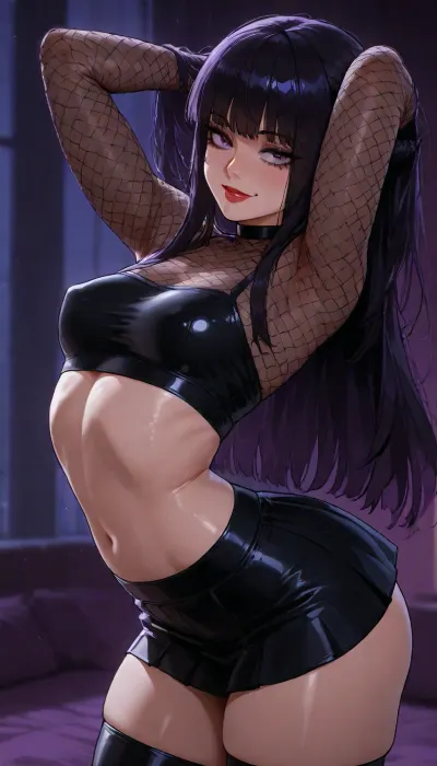 Melkor mancin meet markgavatino style, (((beautiful bright anime eyes))), slut ready to fuck you in goth costume, fishnet shirt, miniskirt, Dark Purple eyeliner, long eye lashes, red lipstick, 25 years old cutie, warm strong lighting, thick long boots, petite muscular toned body, sultry smile, hair in French braid, ((supermodel pose hands in hair showing off body, arched back)), night lounge purple room
