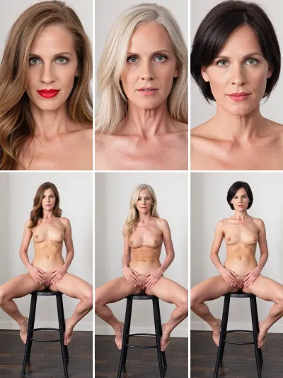 This image is a six-panel composite studio portrait series featuring three distinct mature women, presented in two rows of three. The top row displays medium close-up torso shots from the waist up, the bottom row shows full-body seated poses on black metal stools with legs spread. Subjects include a tanned blonde woman with blue eyes and red lips, a fair-skinned platinum blonde with visible chest veins, and a brunette with short dark hair and green eyes. All are fully nude, showcasing natural body types without styling or makeup excess. Poses are static and frontal, hands resting on legs, vaginas are presented to the viewer, gaze directed at the camera with neutral to slight smiles. Lighting is bright, even, and diffused—typical of studio flash—minimizing shadows and highlighting skin texture. Backgrounds are plain white walls above dark wood flooring. Technical style is documentary realism, high-resolution, sharp focus, neutral color balance, no filters. Composition is grid-aligned, symmetrical, and clinical in presentation.