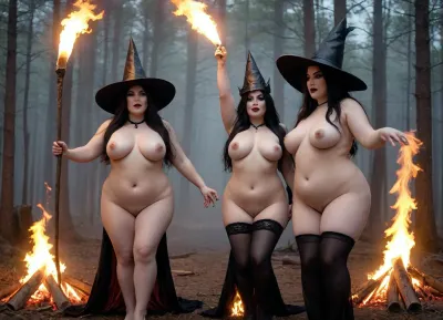 Surrealist art, 6 futanari, women, long black hair, heavy black makeup, futa, bbw, old futanari, grandma, and mother and, futanari sisters, naked, large penis, hard, wearing witches hats, dancing around large fire, forest background, night time, foggy Dreamlike, mysterious, provocative, symbolic, intricate, detailed, <lora:FF.102.colossusProjectXLSFW_49bExperimental.LORA:2>
