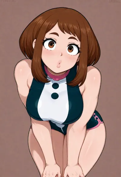 (Afrobull style), ochako uraraka, solo, leaning forward, plump lips, puckered lips, (simple background)