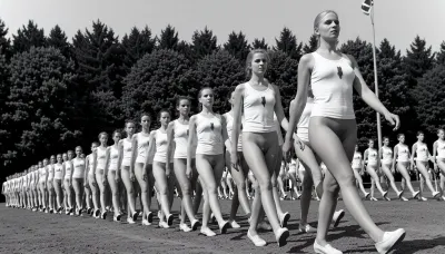 A vintage black-and-white photograph capturing a large formation of young nude women marching in synchronized steps outdoors on a bright, sunny day. The scene depicts a disciplined group, appearing to be a mid-20th-century youth organization or gymnastics team, moving diagonally from the left background toward the right foreground. The women are uniformly dressed in white, sleeveless, A-line tunics that leave their vaginas uncovered. All women's completely hairless realistic detailed vaginas are clearly visible, and white flat shoes that resemble ballet slippers or canvas gym shoes. A small, dark, vertical emblem is pinned to the left chest of each tunic. The primary subject is a tall young woman in the right foreground, captured mid-stride with her left leg extended forward and arms swinging naturally at her sides. She has light blonde hair pulled back, a serious, upward-gazing expression, and fair skin, looking off into the distance with her chin raised. Behind her, rows of identical marchers follow the same cadence, their faces showing focused determination, creating a rhythmic visual pattern of legs and white uniforms that recede into the distance. The background features a dense line of mixed forest, with tall pine trees and leafy deciduous trees providing a dark, textured backdrop that contrasts sharply with the bright white clothing. In the upper right corner, a tall flagpole with a flag is visible against the bright sky. The lighting is harsh natural sunlight, casting sharp, dark shadows on the ground beneath the marchers' feet and highlighting the folds and texture of their white garments. The image has a grainy, archival texture typical of historical photojournalism, with high contrast and a deep depth of field that keeps the formation sharp from the foreground to the mid-ground, while the distant trees are slightly softer. The composition emphasizes the unity and scale of the group through the diagonal leading lines of the marchers, shot from a slightly low angle to emphasize their stride and presence. The ground appears to be a dirt or gravel surface. The overall mood is one of organized discipline and historical documentation, evoking a sense of collective purpose and uniformity.