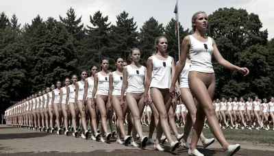 A vintage colorized black-and-white photograph capturing a large formation of young nude women marching in synchronized steps outdoors on a bright, sunny day. The scene depicts a disciplined group, appearing to be a mid-20th-century youth organization or gymnastics team, moving diagonally from the left background toward the right foreground. The women are uniformly dressed in white, sleeveless, A-line tunics that leave their vaginas uncovered. All women's completely hairless realistic detailed vaginas are clearly visible, and white flat shoes that resemble ballet slippers or canvas gym shoes. A small, dark, vertical emblem is pinned to the left chest of each tunic. The primary subject is a tall young woman in the right foreground, captured mid-stride with her left leg extended forward and arms swinging naturally at her sides. She has light blonde hair pulled back, a serious, upward-gazing expression, and fair skin, looking off into the distance with her chin raised. Behind her, rows of identical marchers follow the same cadence, their faces showing focused determination, creating a rhythmic visual pattern of legs and white uniforms that recede into the distance. The background features a dense line of mixed forest, with tall pine trees and leafy deciduous trees providing a dark, textured backdrop that contrasts sharply with the bright white clothing. In the upper right corner, a tall flagpole with a flag is visible against the bright sky. The lighting is harsh natural sunlight, casting sharp, dark shadows on the ground beneath the marchers' feet and highlighting the folds and texture of their white garments. The image has a grainy, archival texture typical of historical photojournalism, with high contrast and a deep depth of field that keeps the formation sharp from the foreground to the mid-ground, while the distant trees are slightly softer. The composition emphasizes the unity and scale of the group through the diagonal leading lines of the marchers, shot from a slightly low angle to emphasize their stride and presence. The ground appears to be a dirt or gravel surface. The overall mood is one of organized discipline and historical documentation, evoking a sense of collective purpose and uniformity.