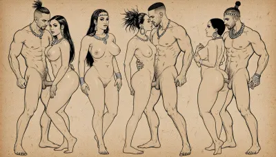 full body view, Rough ink drawing on aged parchment, Nsfw. Pornographic art. explicit sexual intercourse poses of heterosexual couples of beautiful nude people from diverse ethnicities. curvy, busty, wide hips women. mascular, large cock men. traditional hairstyles and jewelry. clean line art, ethnographic erotic studies