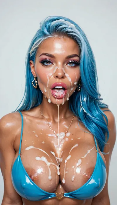 Cumslut bimbo fucktoy android sexdoll, blue haired, cum covered, bukkake, facial, cum drooling