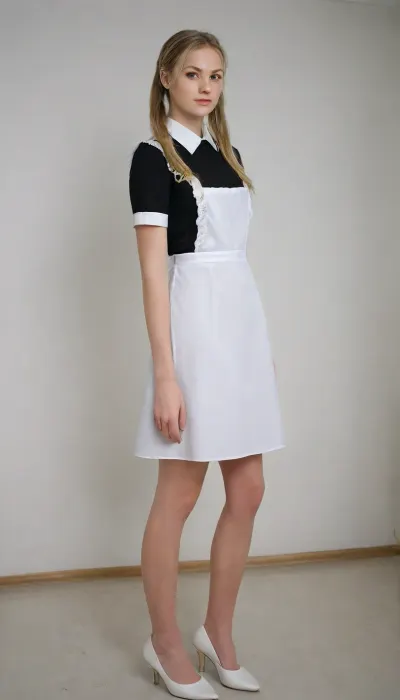 beautiful blonde 18 years old with ponytails woman, black dress, white apron, soviet girl, beautiful face, long legs, white lingerie, white shoes, high heels, lewddungeon, background white walls, suxl, <lora:suxl:.8>, <lora:Coloring_book_-_LineArt:.8>, film, photography, style, light, grain, medium, heavy, <lora:SDXL_FILM_PHOTOGRAPHY_STYLE_V1:.8>