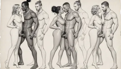 full body view, Rough charcoal sketch on textured paper, Nsfw. Pornographic art. explicit sexual intercourse poses of heterosexual couples of beautiful nude people from diverse ethnicities, curvy, busty, wide hips women, mascular, large cock males, traditional hairstyles and jewelry. clean line art, ethnographic erotic studies