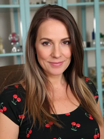 A 50 year old woman is sitting, looking directly at the camera and smiling slightly, with long brown partly lighter straight hair, an oval face shape, brown-hazel eyes, natural makeup, wearing a black, black top with red cherry pattern, in the background a light, blue-framed indoor environment decorated with various objects is visible, the image is a natural, everyday, friendly portrait.