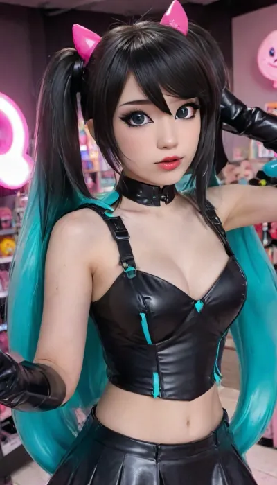 Emiru the twitch steamer in complete goth hatsune miku cosplay, goth makeup, half body in the shot, latex, matte, shiny, inflatable, Dollskill, hatsune_miku_\, (cosplay\), <lora:emiruXL:2>, <lora:Emiru (Celebrity) - XL:2>, <lora:shinylatex-merged:.8>, <lora:Dollskill_Downbeat_Spiked:.8>, hatsune, miku, <lora:Plastic_Miku_v1:.8>