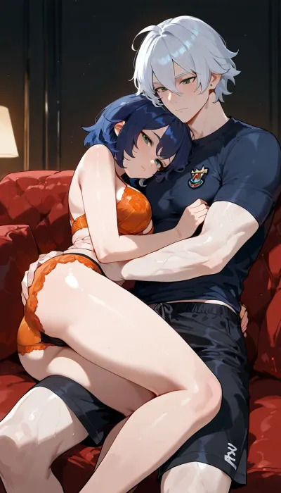 Belle, (1 short female, orange lingerie, short navy blue hair), and Wise, (1 tall male, black boxers, white hair), (from zenless zone zero), cuddling on the couch, pale skin, green eyes, couple cuddle, dark living room, old couch, soft lighting, masterpiece.