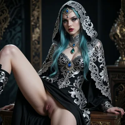 woman wearing an ornate silver filigree hooded cloak, mystic turquoise hair, is standing with one leg lifted on top off a wooden chest, intricate lace patterns with floral motifs, elaborate jeweled headpiece with sapphire centerpiece and crystals on forehead, dramatic smoky eye makeup, long dark lashes, piercing blue-grey eyes, glossy burgundy red lips, porcelain skin, elegant jewelry with teardrop gemstones, luxurious embroidered black and silver fabric with baroque patterns, soft dramatic lighting, shallow depth of field, professional photography, ultra detailed, photorealistic, 8k resolution, fantasy fashion editorial style, regal and mysterious atmosphere, dress hiked up flashing her pussy