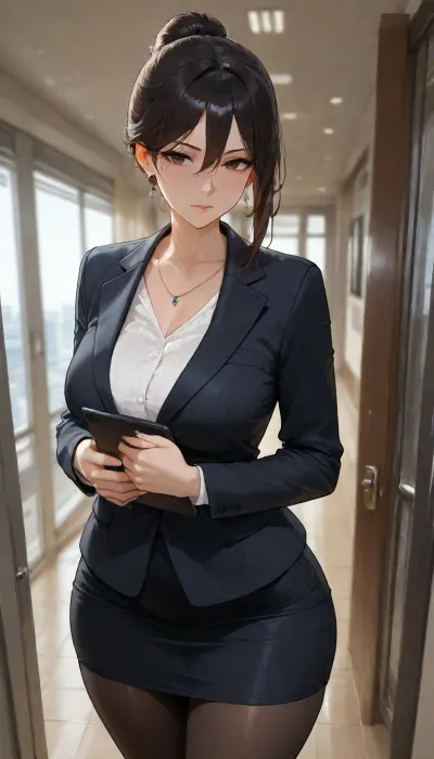 masterpiece, best quality, absurdres, newest, highres, very aesthetic, 1girl, solo, mature female, adult, nsfw, black hair, hair bun, brown eyes, fair skin, slender, medium breasts, office lady, black business suit, white blouse, pencil skirt, black pantyhose, closed door, standing, cowboy shot, holding tablet, arms in front, looking at viewer, serious, closed mouth, professional, glass office, floor-to-ceiling windows, manhattan skyline, late afternoon sunlight, cinematic lighting, depth of field, detailed face, detailed eyes, intricate details