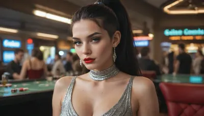 buzzcut hair, long ponytail hair, pitch black hair, clear blue eyes, bright red lipstick, green eyeshadows, high cheeck bones, dimples, silver sequin dress, mock neck dress, cleavage, diamond earrings, casino lobby