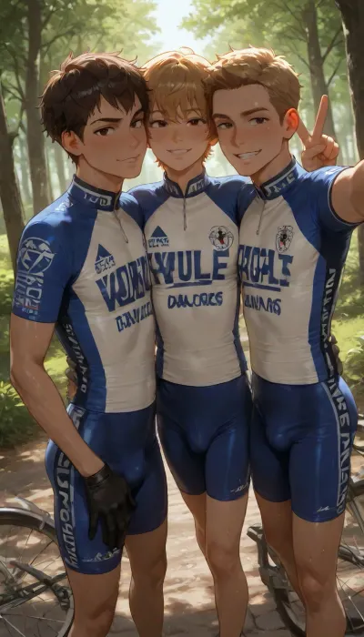 3 boys, gay, yaoi, 18 years old, masterpiece, explicit, blonde and brown and ginger hair, brown eyes, skinny, petite, semi athletic, ((three cyclist boys taking a selfie together)), in nature, white and blue Tight cyclist jerseys, cyclist gloves, happy, peace sign, studio soft light, sweaty, bright light patches, light caustics, Dynamic angle, best quality, amazing quality, high contrast, volumetric lighting, intricate details